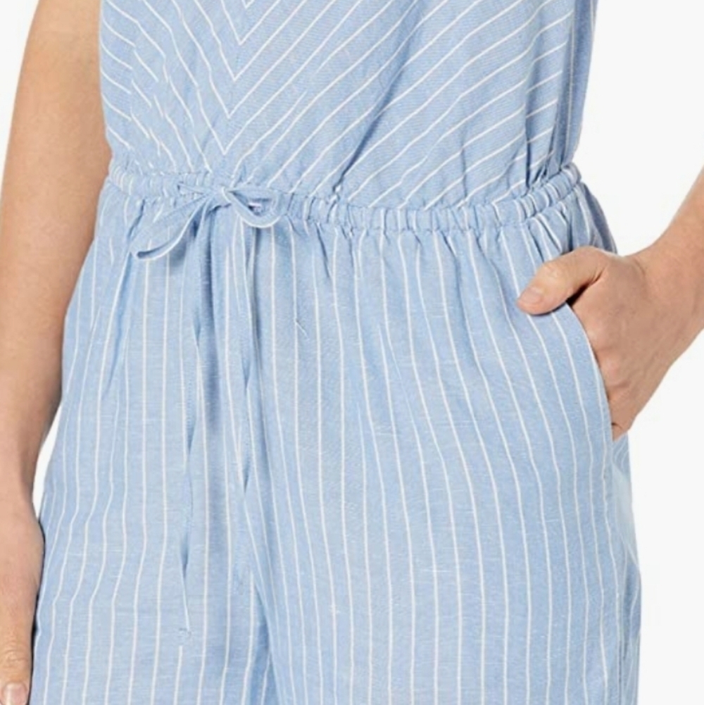 Amazon Essentials Blue and White Sleeveless Linen Blend Crop Jumpsuit Size 0 - Picture 3 of 9